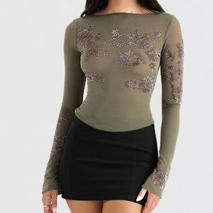 HOUSE OF CB ANGELIQUE OLIVE CRYSTALLIZED TOP